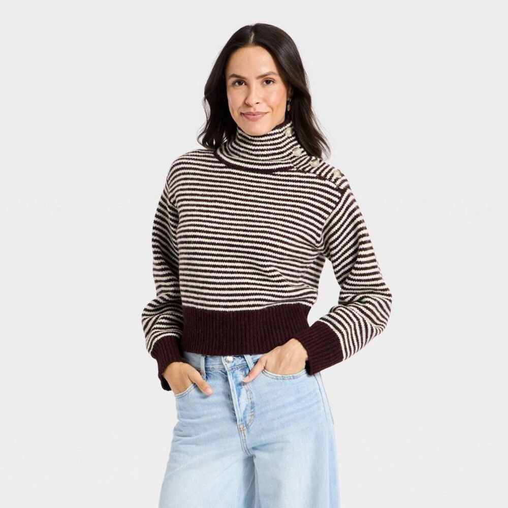 Women's Mock Turtleneck Button Pullover Sweater - Burgundy Striped L